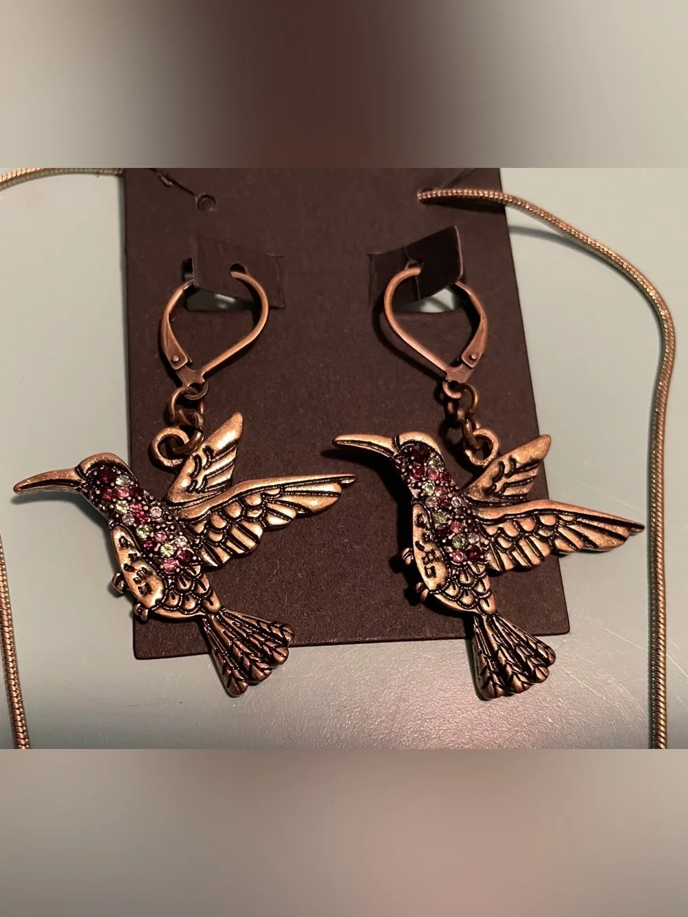 Hummingbird Necklace & Earring Set - Antique Gold Finish